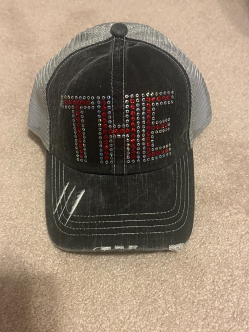 THE Rhinestone Distressed Trucker Hat - Black